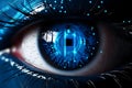 beautiful robotic blue eye with hud interface and lines of code around it ai generated