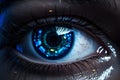 beautiful robotic blue eye with hud interface and lines of code around it ai generated