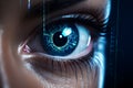 beautiful robotic blue eye with hud interface and lines of code around it ai generated