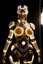 beautiful robotic woman, made of intricate metal pieces and wires, illuminated mesmerizing studio light. AI Generative