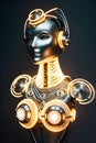 beautiful robotic woman, made of intricate metal pieces and wires, illuminated mesmerizing studio light. AI Generative