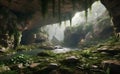 A beautiful rock cave with moss and plants