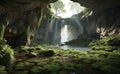 A beautiful rock cave with moss and plants