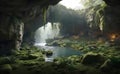 A beautiful rock cave with moss and plants