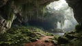 A beautiful rock cave with moss and plants