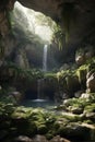 A beautiful rock cave with moss and plants