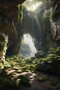 A beautiful rock cave with moss and plants