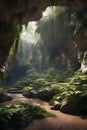 A beautiful rock cave with moss and plants