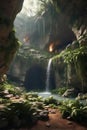 A beautiful rock cave with moss and plants