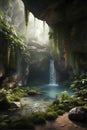 A beautiful rock cave with moss and plants