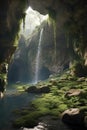 A beautiful rock cave with moss and plants