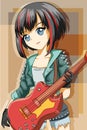 Beautiful rock girl with bass guitar perform cartoon illustration