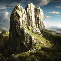 Beautiful rock mountain landscape. Dramatic sky. 3D Rendering