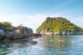 Beautiful Rocks with vegetation and Swimmers are swimming in the sea underneath blue sky