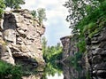 Beautiful rocky canyon with river Hirskyy Tikich in Buky village, Ukraine