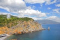 Beautiful rocky coastline in the Black Sea near the Castle Swallows Nest, city of Yalta Crimea Royalty Free Stock Photo