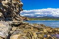 Beautiful rocky landscape.Splendid panoramic view of the crystal blue sea. Mediterranean coast of Cyprus island.Beach with corals Royalty Free Stock Photo