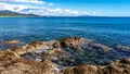 Beautiful rocky landscape.Splendid panoramic view of the crystal blue sea. Mediterranean coast of Cyprus island.Beach with corals Royalty Free Stock Photo