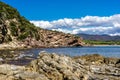 Beautiful rocky landscape.Splendid panoramic view of the crystal blue sea. Mediterranean coast of Cyprus island.Beach with corals Royalty Free Stock Photo