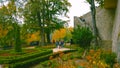 Beautiful romantic alley in a park with colorful trees and sunlight. autumn nature background - Bilder Royalty Free Stock Photo