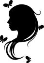 Beautiful Romantic Girl or Woman Head Silhouette with Butterflies Flying Around - Vector Royalty Free Stock Photo