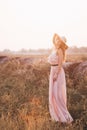 Beautiful romantic model girl outdoors dressed in tende long dress in the field in sunset light. Wind blowing long hair. Glow Sun Royalty Free Stock Photo