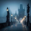 Mystical Foggy Morning on Charles Bridge in Prague, Czech Republic Royalty Free Stock Photo