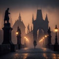 Mystical Foggy Morning on Charles Bridge in Prague, Czech Republic Royalty Free Stock Photo