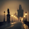 Mystical Foggy Morning on Charles Bridge in Prague, Czech Republic Royalty Free Stock Photo