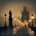 Mystical Foggy Morning on Charles Bridge in Prague, Czech Republic Royalty Free Stock Photo