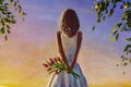 Beautiful romantic oil painting on canvas. Woman girl with flowers on background of summer warm evening. Back view.