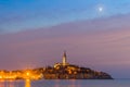 Beautiful romantic old town of Rovinj after magical sunset and moon on the sky,Istrian Peninsula,Croatia,Europe Royalty Free Stock Photo