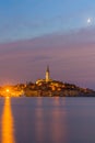 Beautiful romantic old town of Rovinj after magical sunset and moon on the sky,Istrian Peninsula,Croatia,Europe Royalty Free Stock Photo