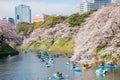 The beautiful romantic scenery of Chidorigafuchi Park during Sakura or Cherry Blossom Full Blooming, Tokyo Japan