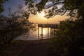 Sunset scenery with wooden viewpoint Royalty Free Stock Photo