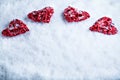 Beautiful romantic vintage hearts on a white frosty snow winter background. Love and St. Valentines Day concept Royalty Free Stock Photo