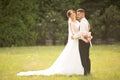 Beautiful romantic wedding couple of newlyweds hugging in park on sunset Royalty Free Stock Photo