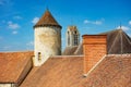 Beautiful roof old tower and walls of Blandy-les-Tours castle