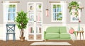 Beautiful room interior design with a sofa, a bookcase, and two windows. Cartoon vector illustration