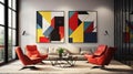 A beautiful room interior with two geometric paintings on the wall, a sofa, a table, and four orange chairs