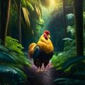 Beautiful rooster walking in the jungle. This is a 3d render illustration Generative AI