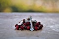 Beautiful rosary with red polka dots and silver crufix