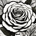 a beautiful rose in black and white, Detailed and realistic black and white drawing of a rose