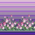 Beautiful rose flowers with green leaves on striped background. Seamless floral pattern, border. Watercolor painting.