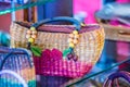 Beautiful rose flowers pattern on on handbag weaving, made from Water Hyacinth haulm. Dried water hyacinth lady handbag for sale i Royalty Free Stock Photo