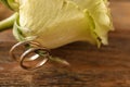 Beautiful rose with golden rings on wooden table, closeup Royalty Free Stock Photo