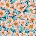 Beautiful Rose Hip Flowers With Leaves In Seamless Pattern. Colorful Floral Background. Watercolor Painting.