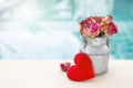 Beautiful rose paper flower in metal pot with red heart Royalty Free Stock Photo