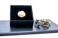 Beautiful rose ring in a box and two watches Royalty Free Stock Photo