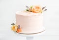 Beautiful roses cake on vintage stand. Peach roses and lavender cake, Concept for Wedding , St. Valentine`s Day, Mother`s Day,